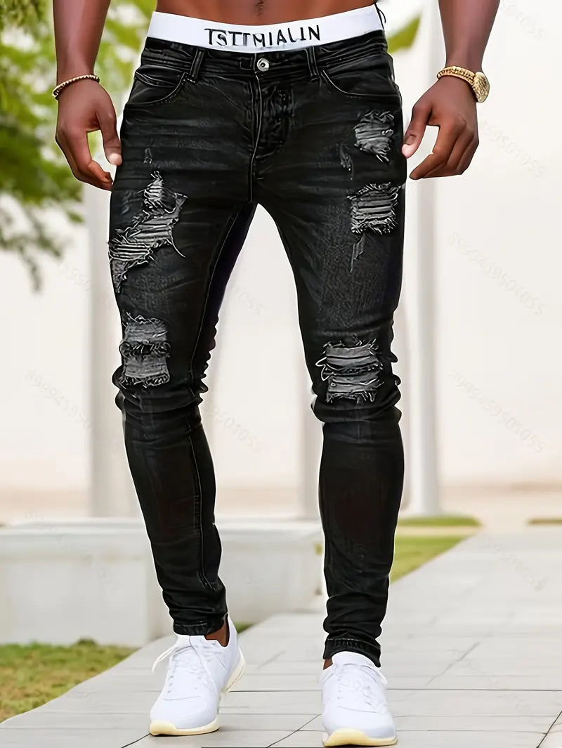 Men's Ripped Skinny Jeans - Stylish Distressed Denim Pants for a Trendy Look