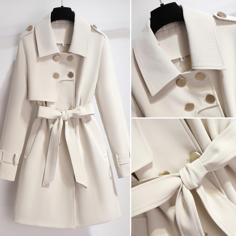 Women's Elegant Double-Breasted Short Trench Coat with Waist Belt - Stylish & Chic Outerwear