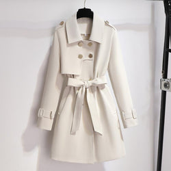 Women's Elegant Double-Breasted Short Trench Coat with Waist Belt - Stylish & Chic Outerwear