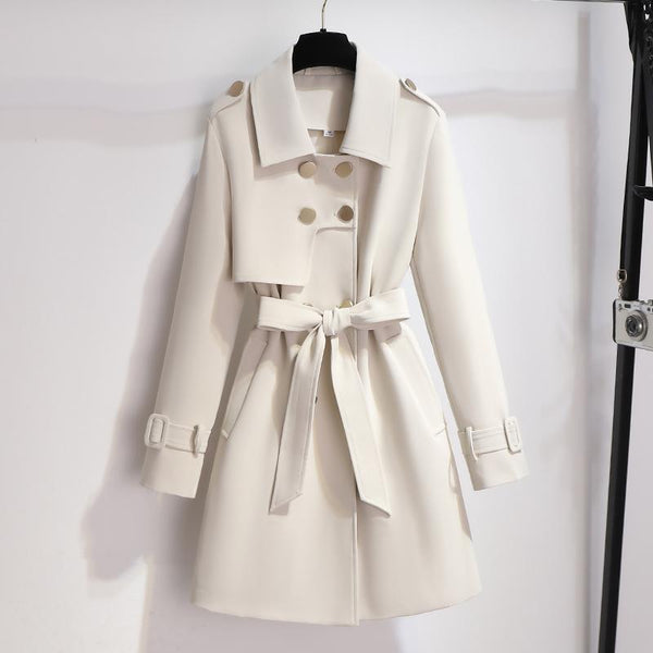 Women's Elegant Double-Breasted Short Trench Coat with Waist Belt - Stylish & Chic Outerwear