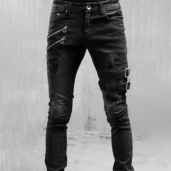 Men's Punk Skinny Ripped Biker Jeans with Buckle - Stylish Motorcycle Pants