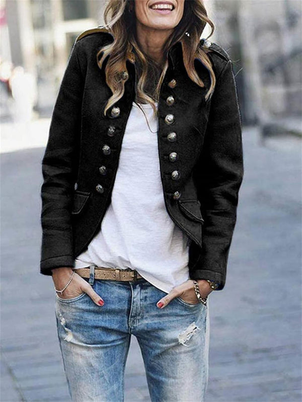 Women's Structured Military Jacket with Button Front & Epaulettes - Hip Length Fashion Outerwear