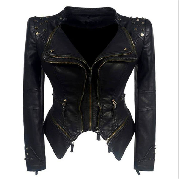 Women's Black Motorcycle Jacket with Stylish Zipper Details - Trendy Biker Outerwear