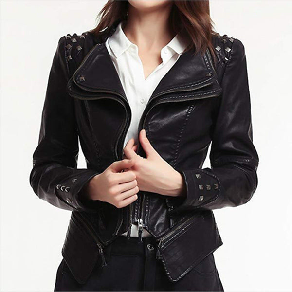 Women's Black Motorcycle Jacket with Stylish Zipper Details - Trendy Biker Outerwear