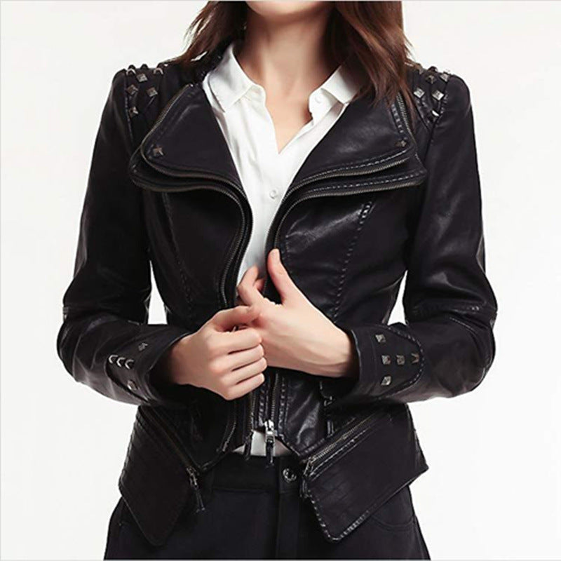 Women's Black Motorcycle Jacket with Stylish Zipper Details - Trendy Biker Outerwear