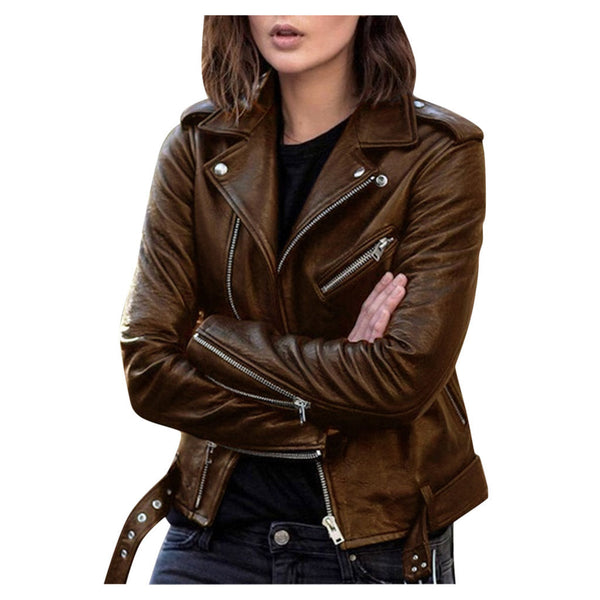 Stylish Vintage Women's Leather Jacket with Zipper Closure - Classic Retro Design
