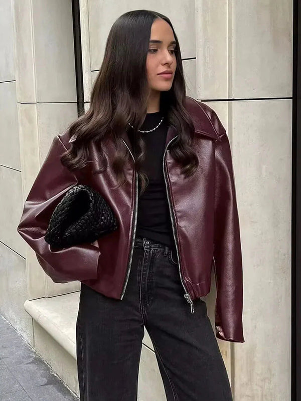 Women's Relaxed Fit Leather Jacket with Zip Closure & Structured Collar - Hip Length Fashion Outerwear