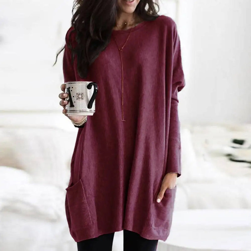 Women's Oversized Crew Neck Sweater - Long Sleeve Soft Cotton Blend with Pockets - Cozy & Stylish Knitwear