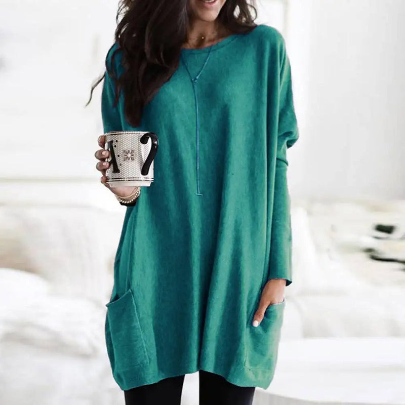 Women's Oversized Crew Neck Sweater - Long Sleeve Soft Cotton Blend with Pockets - Cozy & Stylish Knitwear