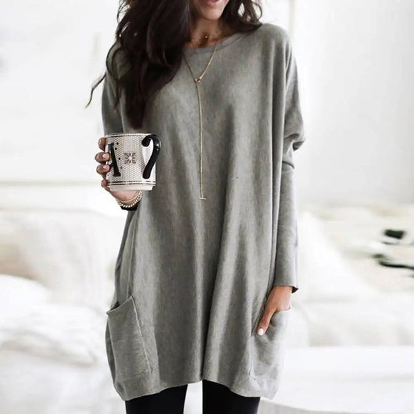 Women's Oversized Crew Neck Sweater - Long Sleeve Soft Cotton Blend with Pockets - Cozy & Stylish Knitwear