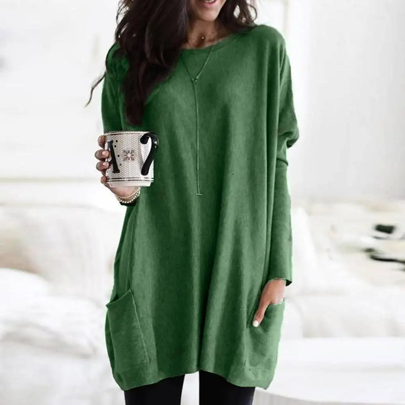 Women's Oversized Crew Neck Sweater - Long Sleeve Soft Cotton Blend with Pockets - Cozy & Stylish Knitwear