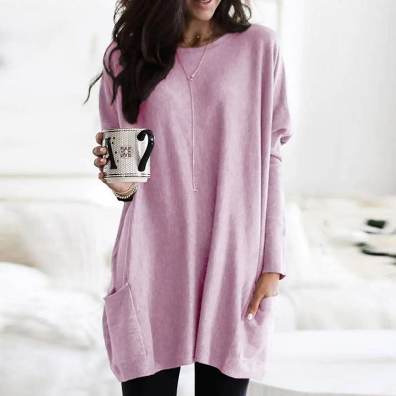 Women's Oversized Crew Neck Sweater - Long Sleeve Soft Cotton Blend with Pockets - Cozy & Stylish Knitwear