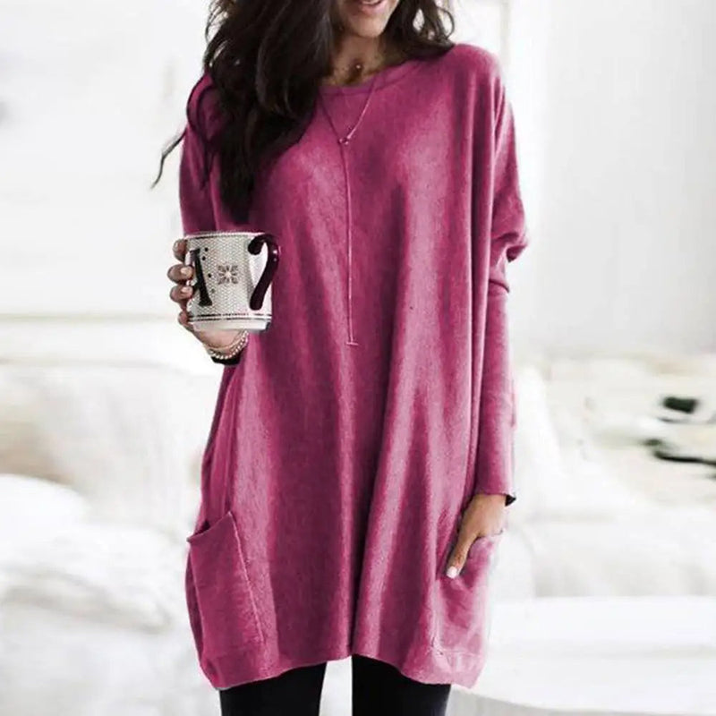 Women's Oversized Crew Neck Sweater - Long Sleeve Soft Cotton Blend with Pockets - Cozy & Stylish Knitwear