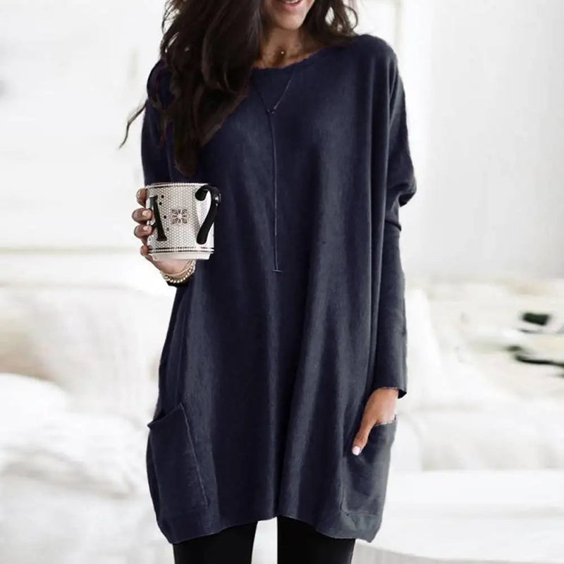 Women's Oversized Crew Neck Sweater - Long Sleeve Soft Cotton Blend with Pockets - Cozy & Stylish Knitwear