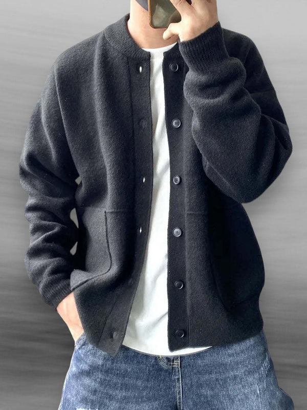 Men's Casual Button-Up Cardigan with Bomber Collar & Pockets - Stylish Lightweight Knit Sweater for Everyday Wear