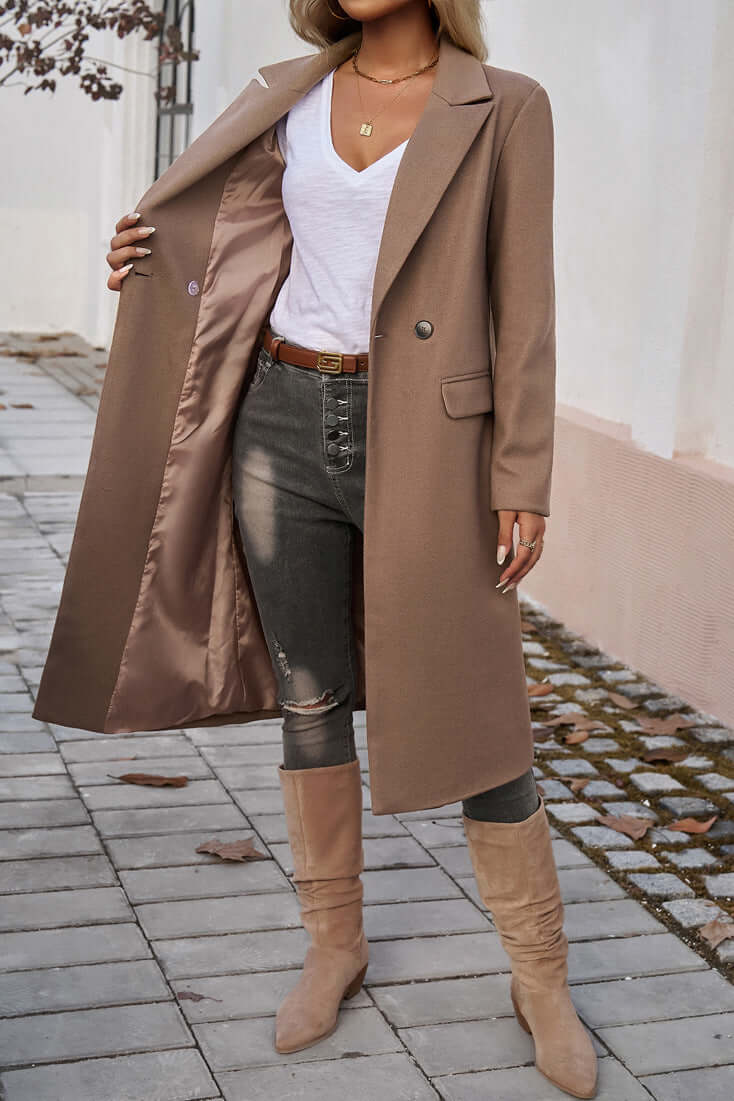Elegant Women's Double Breasted Long Coat - Stylish & Warm Outerwear for Fall & Winter