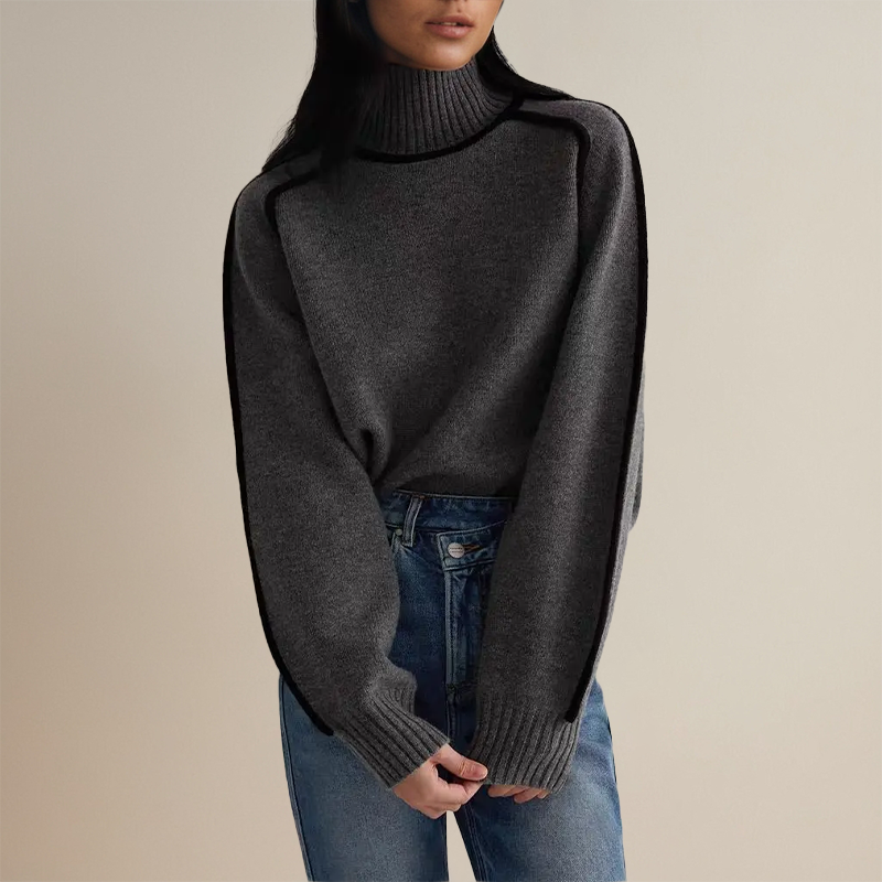 Women's Oversized Turtleneck Sweater with Stylish Contrast Sleeve Trim - Cozy Fashion for Fall & Winter