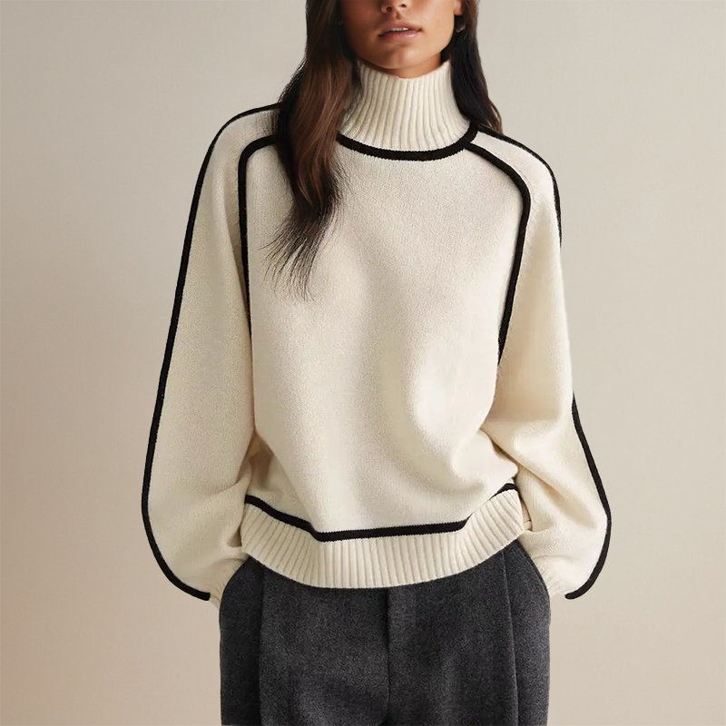 Women's Oversized Turtleneck Sweater with Stylish Contrast Sleeve Trim - Cozy Fashion for Fall & Winter