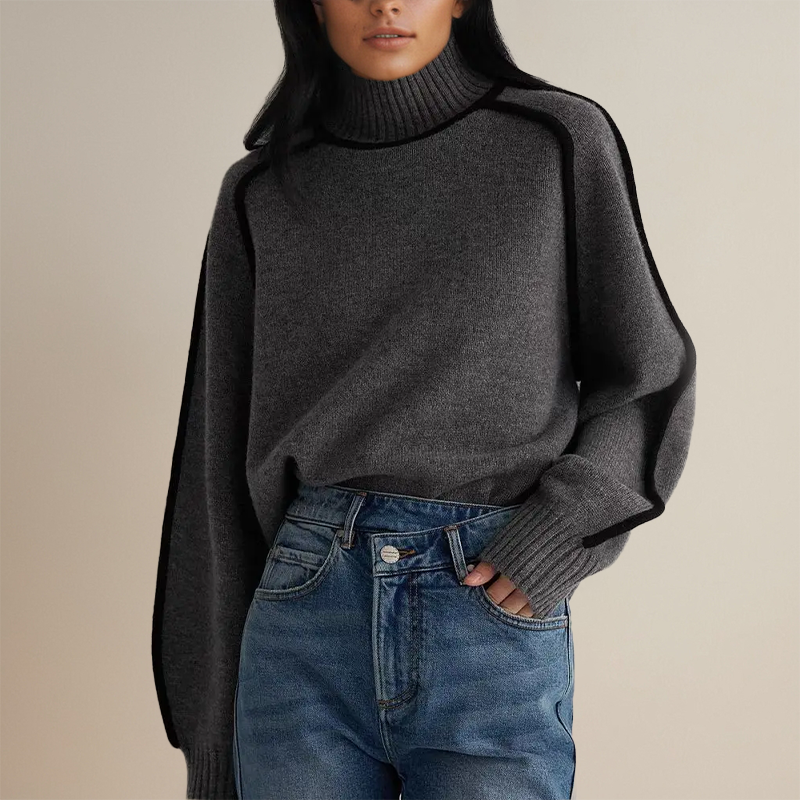 Women's Oversized Turtleneck Sweater with Stylish Contrast Sleeve Trim - Cozy Fashion for Fall & Winter