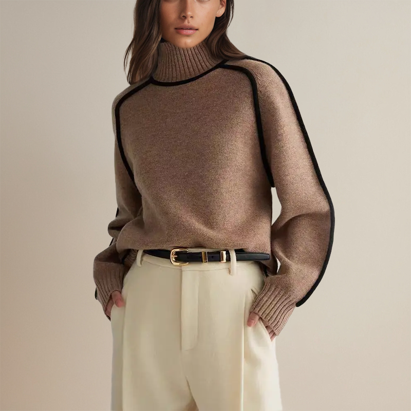 Women's Oversized Turtleneck Sweater with Stylish Contrast Sleeve Trim - Cozy Fashion for Fall & Winter