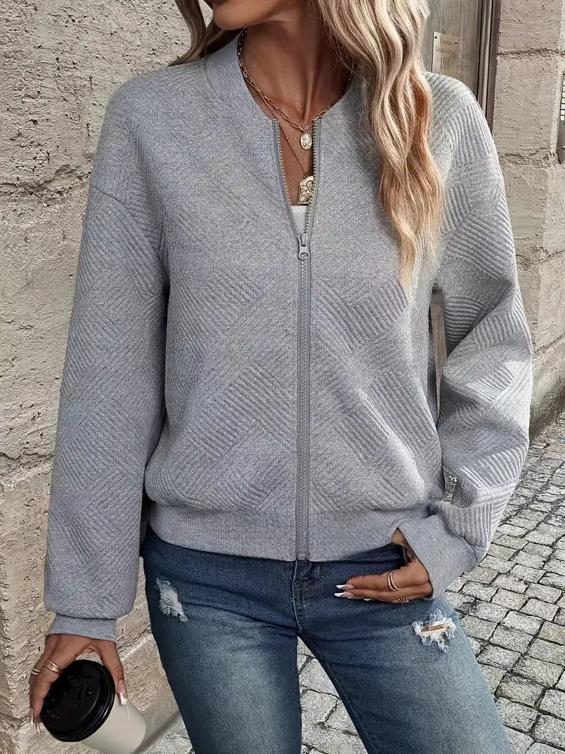 Women's Textured Zip-Up Cardigan with Ribbed Hem & Long Sleeves - Cozy, Stylish Outerwear for Fall & Winter