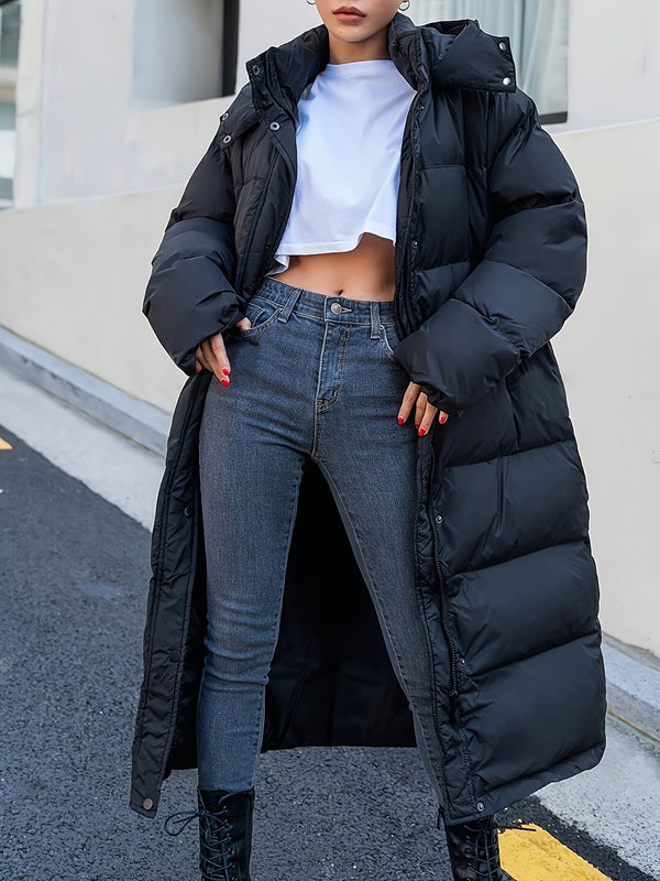 Women's Long Black Puffer Jacket with Hood - Stylish Full-Length Quilted Design for Ultimate Warmth
