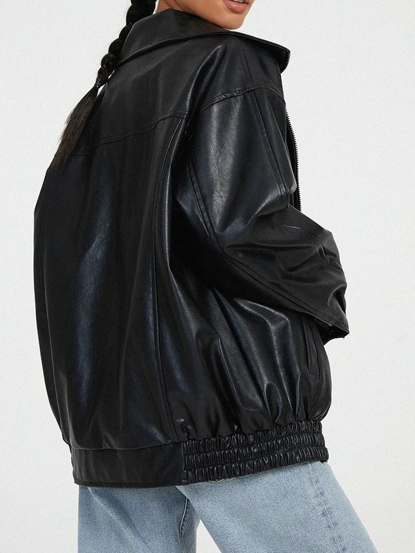 Women's Oversized Leather Bomber Jacket with Zipper Front - Stylish & Comfortable Outerwear