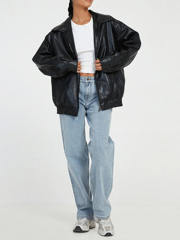 Women's Oversized Leather Bomber Jacket with Zipper Front - Stylish & Comfortable Outerwear
