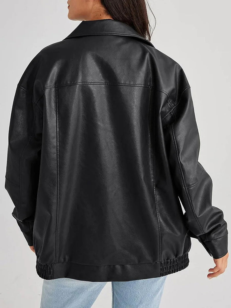 Women's Oversized Leather Bomber Jacket with Zipper Front - Stylish & Comfortable Outerwear