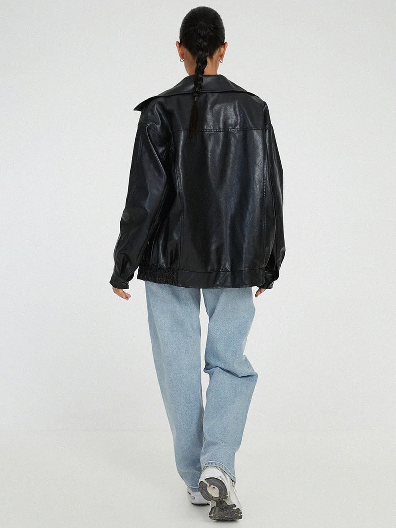 Women's Oversized Leather Bomber Jacket with Zipper Front - Stylish & Comfortable Outerwear
