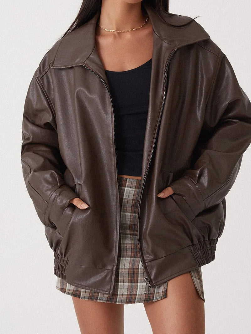 Women's Oversized Leather Bomber Jacket with Zipper Front - Stylish & Comfortable Outerwear