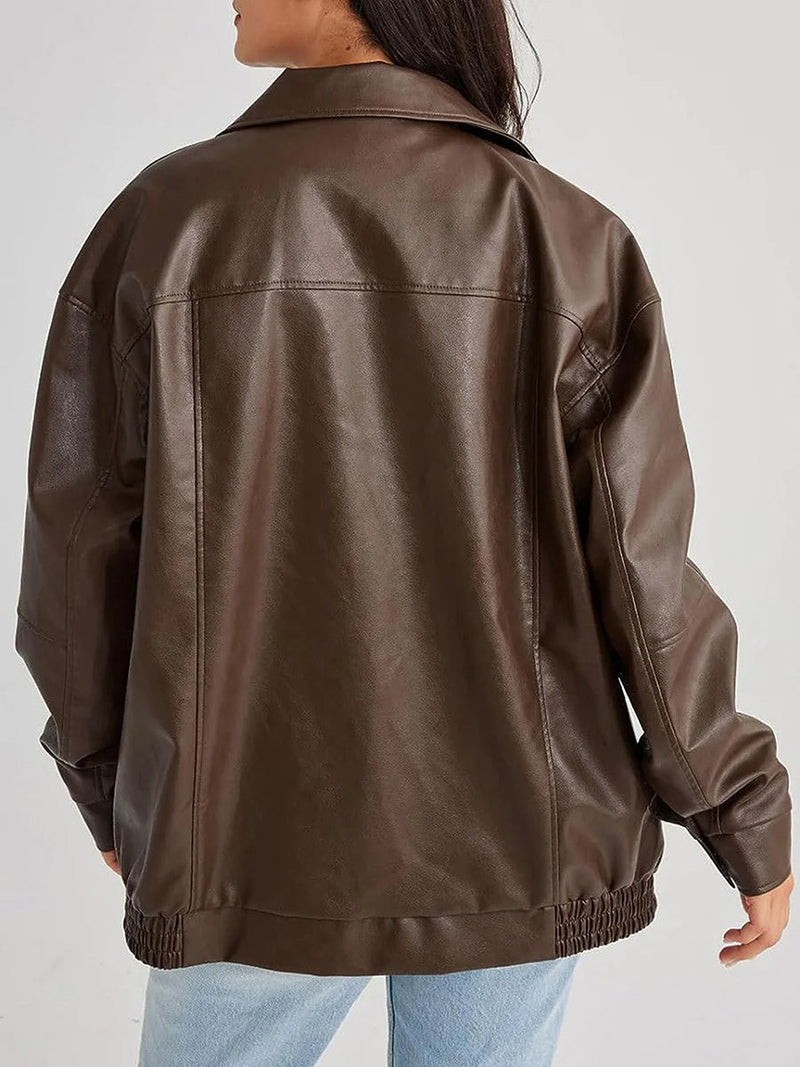 Women's Oversized Leather Bomber Jacket with Zipper Front - Stylish & Comfortable Outerwear