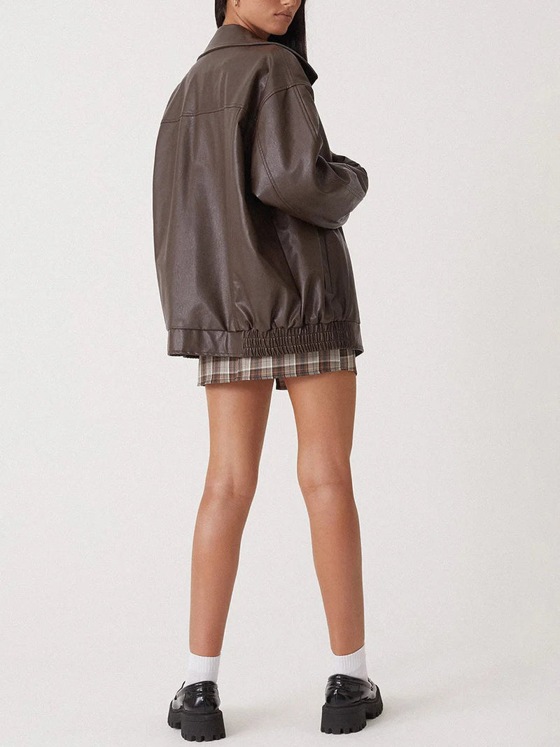 Women's Oversized Leather Bomber Jacket with Zipper Front - Stylish & Comfortable Outerwear