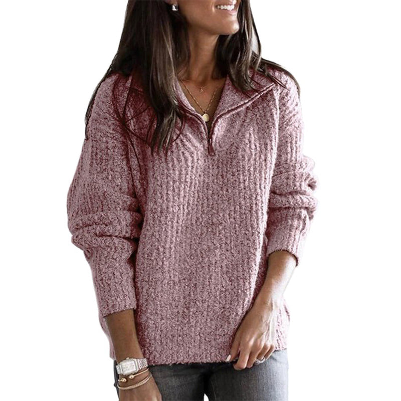 Women's Relaxed Fit Half Zip Jumper with Textured Knit Stand Collar - Cozy & Stylish Sweater