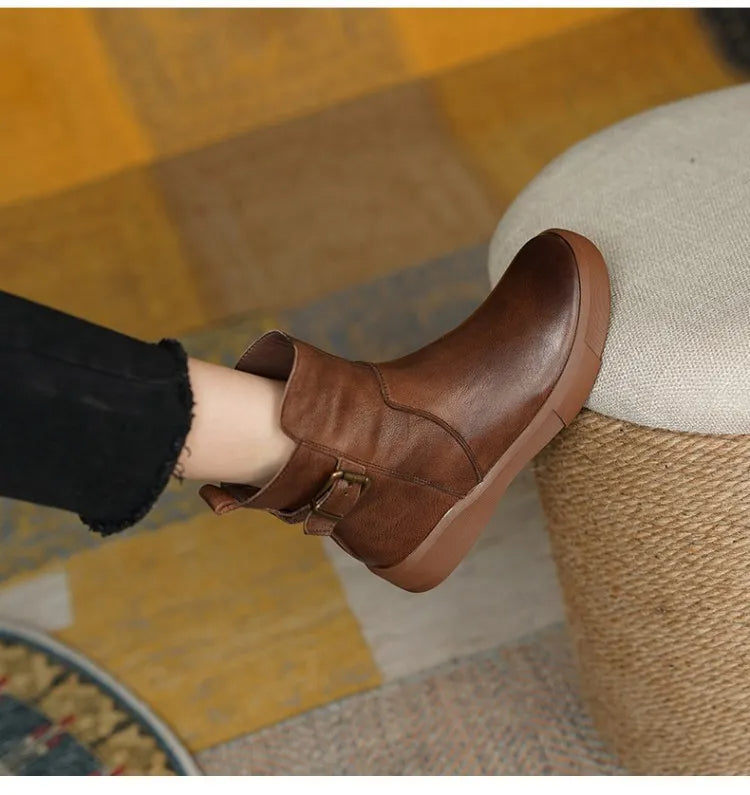 Stylish Women's Mid-Ankle Boots with Side Buckle - Comfortable Flat Sole for All-Day Wear