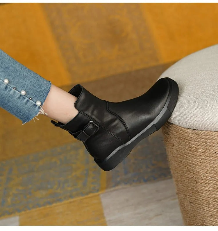 Stylish Women's Mid-Ankle Boots with Side Buckle - Comfortable Flat Sole for All-Day Wear