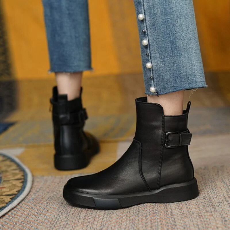 Stylish Women's Mid-Ankle Boots with Side Buckle - Comfortable Flat Sole for All-Day Wear