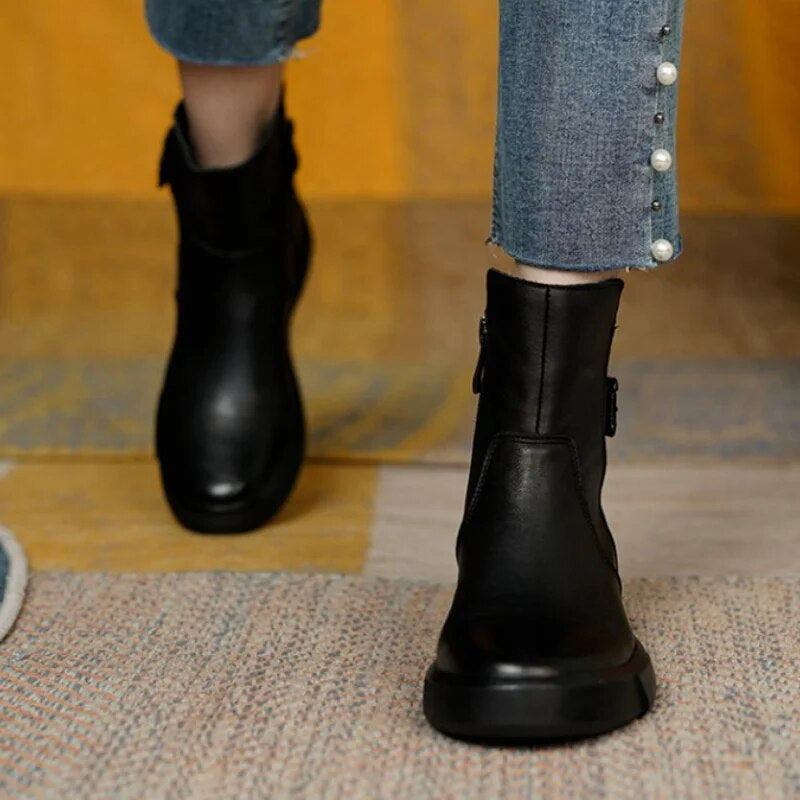 Stylish Women's Mid-Ankle Boots with Side Buckle - Comfortable Flat Sole for All-Day Wear
