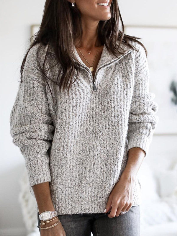 Women's Relaxed Fit Half Zip Jumper with Textured Knit Stand Collar - Cozy & Stylish Sweater