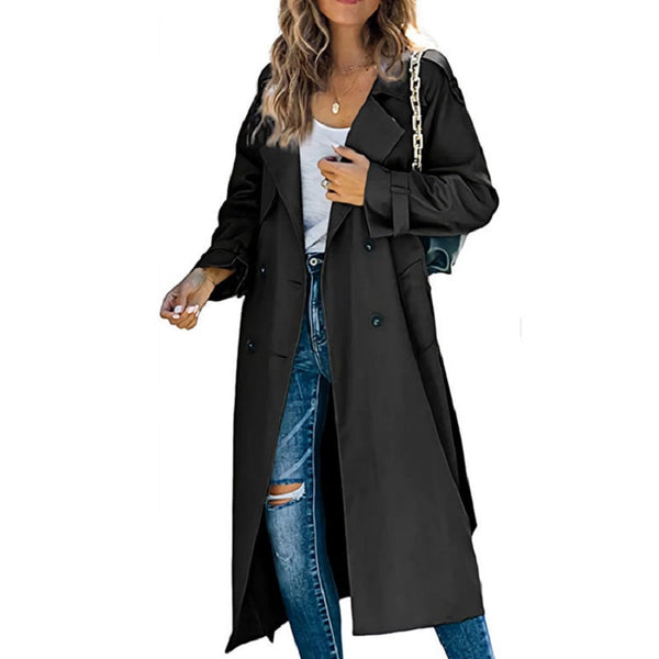 Women's Double-Breasted Long Trench Coat with Belted Cuffs - Stylish & Versatile Outerwear for All Seasons