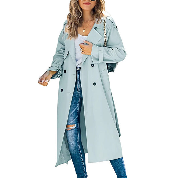 Women's Double-Breasted Long Trench Coat with Belted Cuffs - Stylish & Versatile Outerwear for All Seasons
