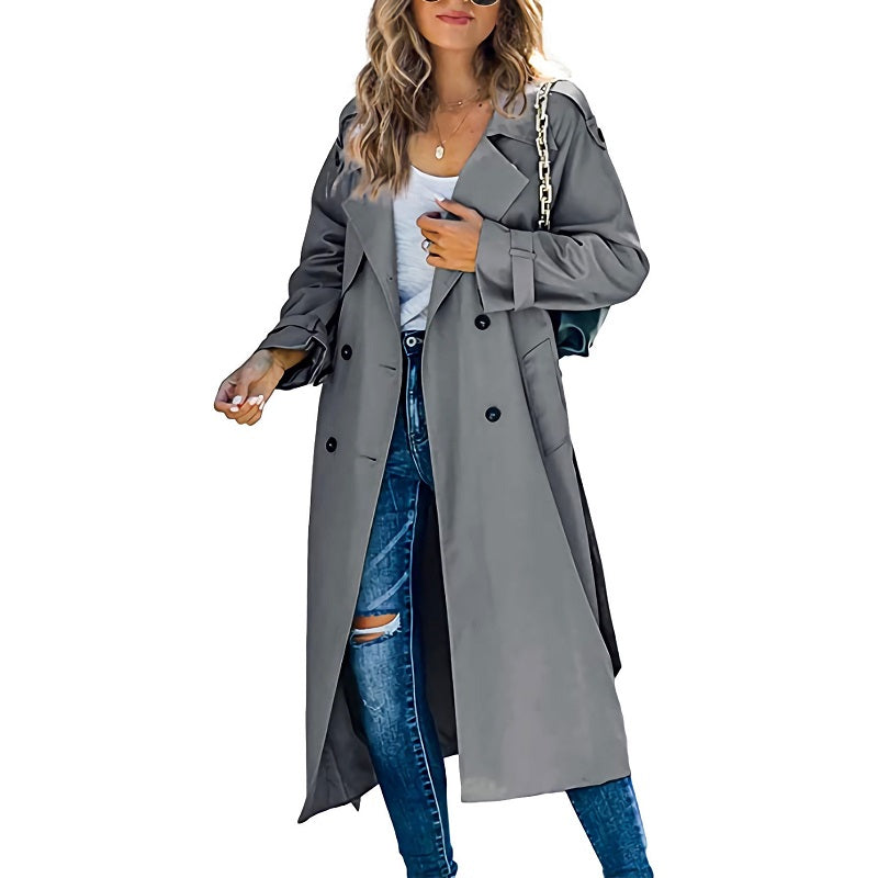 Women's Double-Breasted Long Trench Coat with Belted Cuffs - Stylish & Versatile Outerwear for All Seasons