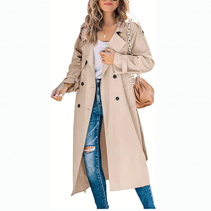 Women's Double-Breasted Long Trench Coat with Belted Cuffs - Stylish & Versatile Outerwear for All Seasons