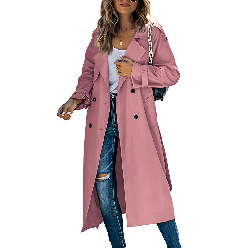 Women's Double-Breasted Long Trench Coat with Belted Cuffs - Stylish & Versatile Outerwear for All Seasons