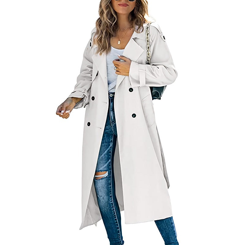 Women's Double-Breasted Long Trench Coat with Belted Cuffs - Stylish & Versatile Outerwear for All Seasons