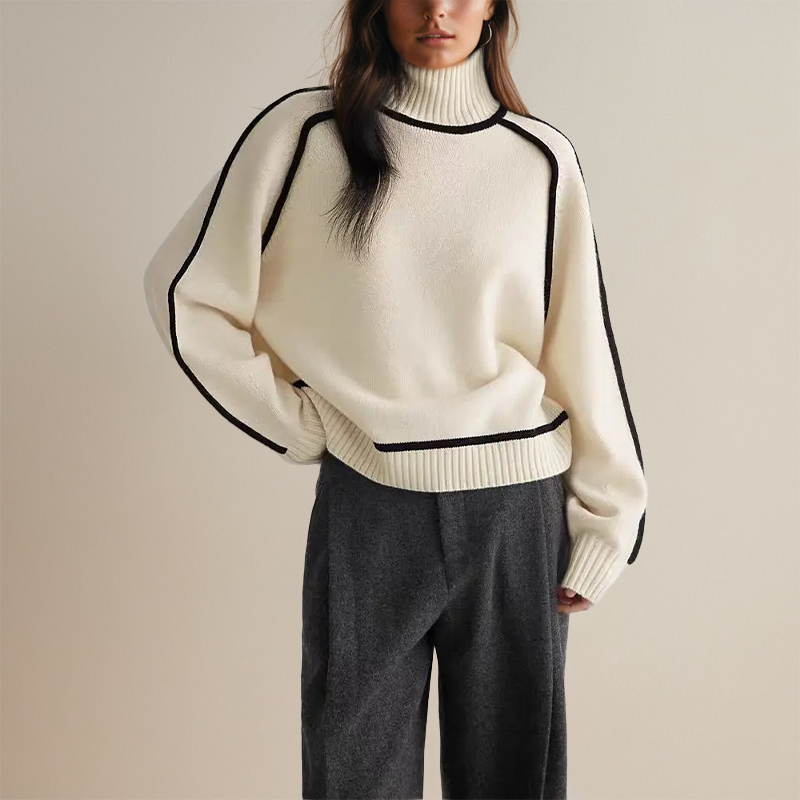 Women's Oversized Turtleneck Sweater with Stylish Contrast Sleeve Trim - Cozy Fashion for Fall & Winter