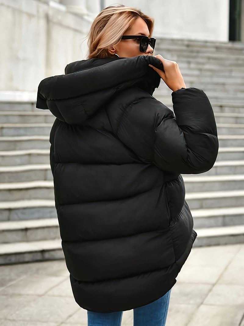 Women's Quilted Short Hooded Puffer Jacket with High Collar - Stylish & Warm Winter Outerwear