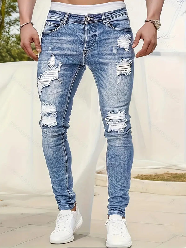 Men's Ripped Skinny Jeans - Stylish Distressed Denim Pants for a Trendy Look