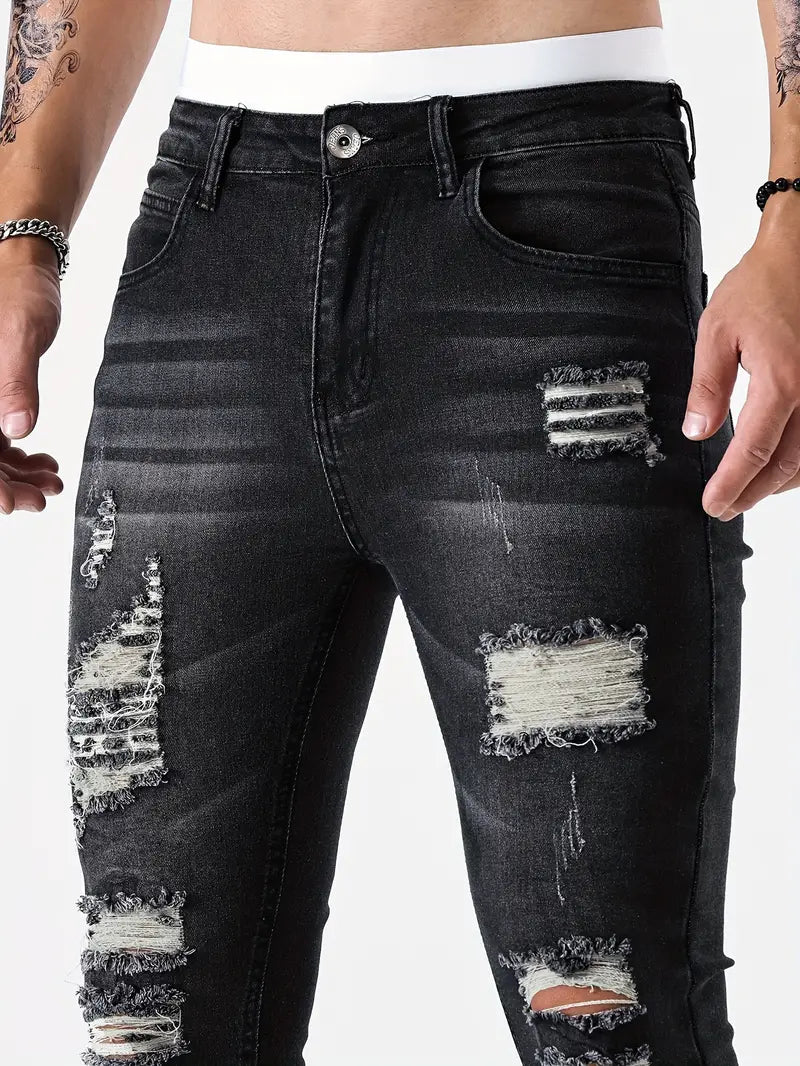Men's Ripped Skinny Jeans - Stylish Distressed Denim Pants for a Trendy Look