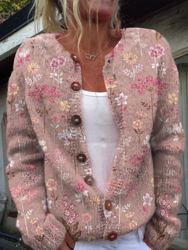 Women's Floral Knit Cardigan - Crew Neck, Button Closure, Cozy & Stylish Sweater for All Seasons